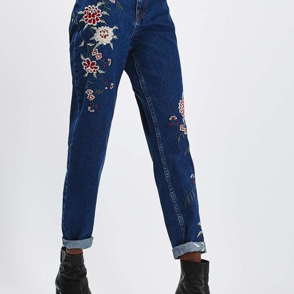 Topshop Denim Mom Jeans w/ Embroidered Florals - Picture 5 of 5
